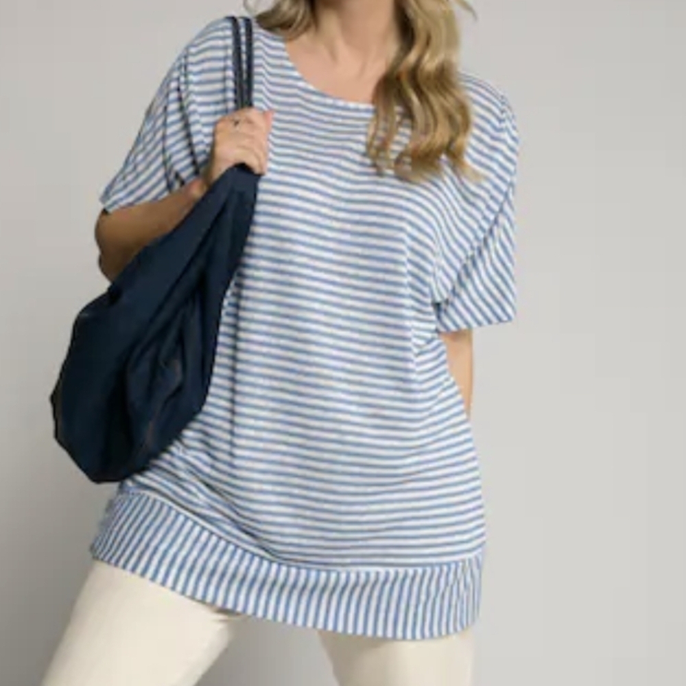 LINEN Blend Plus Size Striped Top 16/18 Oversized Stretch Tunic Coastal Nautical